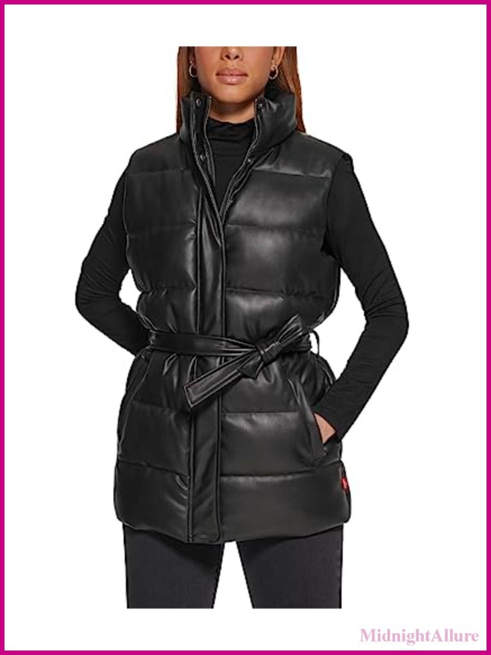Vegan Leather Puffer Vest - Sleeveless Quilted Belted Vest